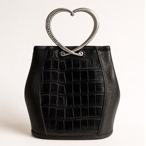 Brighton Heart Handle & Charm Black Leather Croc-Embossed Bucket Bag Vintage Y2K